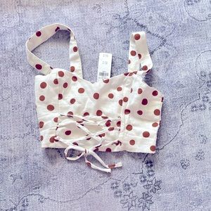 Abercrombie corset style white brown polka dot cris cross crop top pin u…